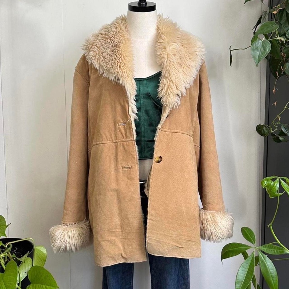 Wilsons Leather Vintage Penny Lane Coat Tan Faux Fur Trim Suede Jacket Small